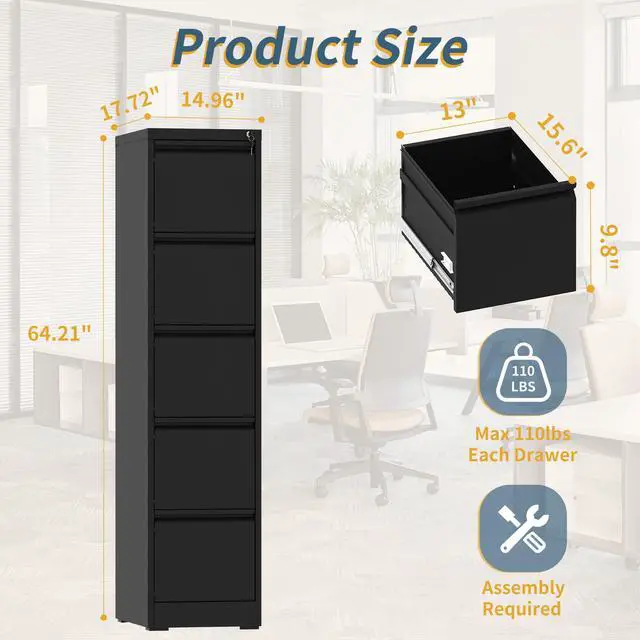 Alt view image 2 of 7 - 5 Drawer File Cabinet with Lock, Vertical Filing Cabinets for Home Office, Metal Storage Cabinets, Heavy Duty File Cabinet for Letter/Legal/A4/F4 Size Assembly Required, Black
