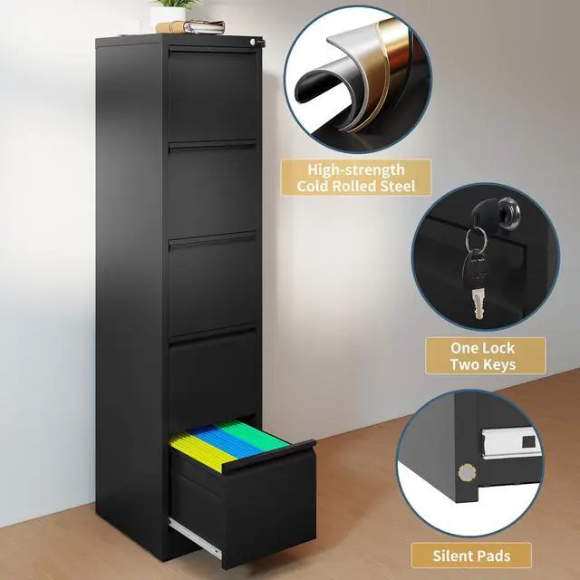 Alt view image 4 of 7 - 5 Drawer File Cabinet with Lock, Vertical Filing Cabinets for Home Office, Metal Storage Cabinets, Heavy Duty File Cabinet for Letter/Legal/A4/F4 Size Assembly Required, Black