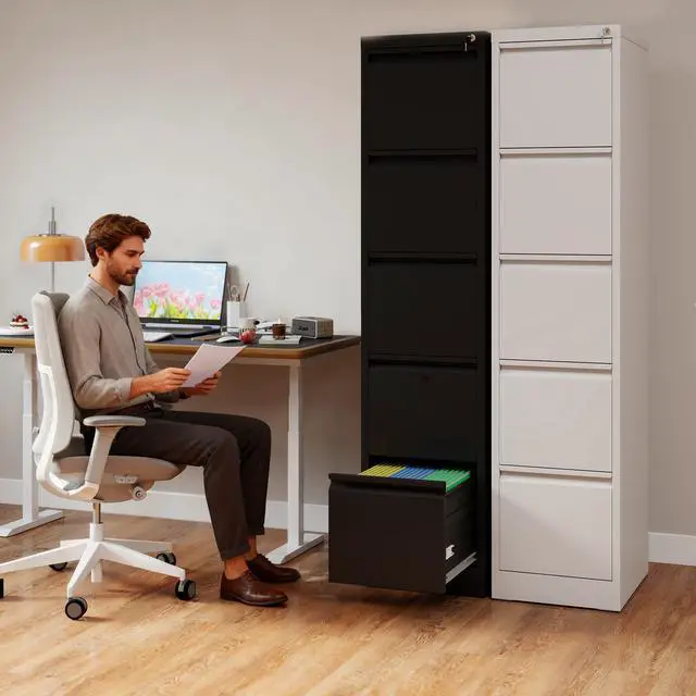 Alt view image 3 of 7 - 5 Drawer File Cabinet with Lock, Vertical Filing Cabinets for Home Office, Metal Storage Cabinets, Heavy Duty File Cabinet for Letter/Legal/A4/F4 Size Assembly Required, Black