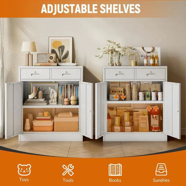 Alt view image 7 of 7 - Metal Storage Cabinet, Garage Storage Cabinet with 2 Drawers and Adjustable Shelf, Locking Short Storage Cabinet for Office Garage Home, White Metal Cabinets(36" H x 31.5" W x 16" D)