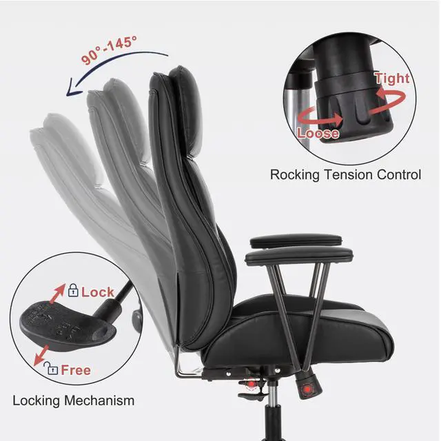 Alt view image 3 of 7 - High Back Office Desk Chair,Ergonomic Reclining Office Chair,Modern Swivel Computer Chair,Conference Room Chairs,Black Leather Chair with Lumbar Support,330lbs (Pure Black)