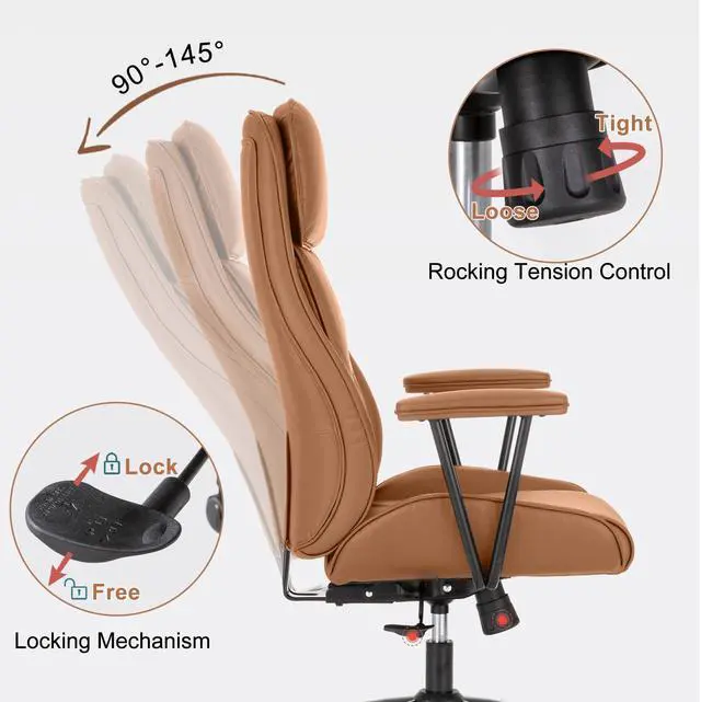 Alt view image 3 of 7 - High Back Office Desk Chair,Ergonomic Reclining Office Chair,Modern Swivel Computer Chair,Conference Room Chairs,Brown Leather Chair with Lumbar Support,330lbs (Pure Brown)