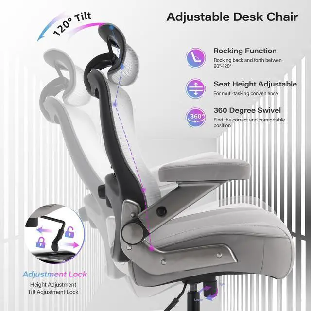 Alt view image 7 of 7 - 600lbs Big and Tall Office Chair, Heavy Duty Executive Computer Desk Chair | 3D Flip Arms, Large Wheels, Ergonomic Design, Extra Wide Seat, Adjustable Lumbar Support&Headrest, Mesh High Back Chair