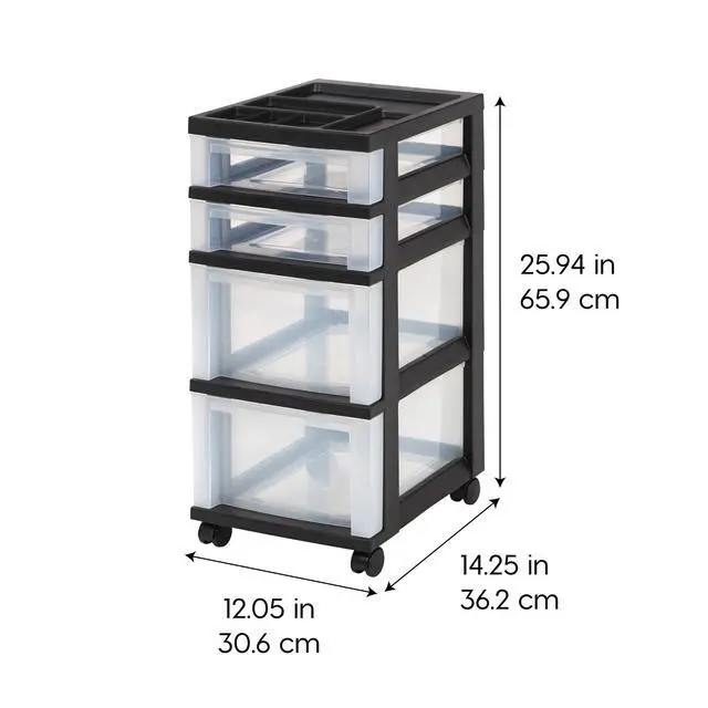 Alt view image 2 of 6 - 4-Drawer Rolling Storage Cart, Black/Clear | Keep classroom supplies, teacher essentials, craft materials, and learning tools organized with easy-access drawers