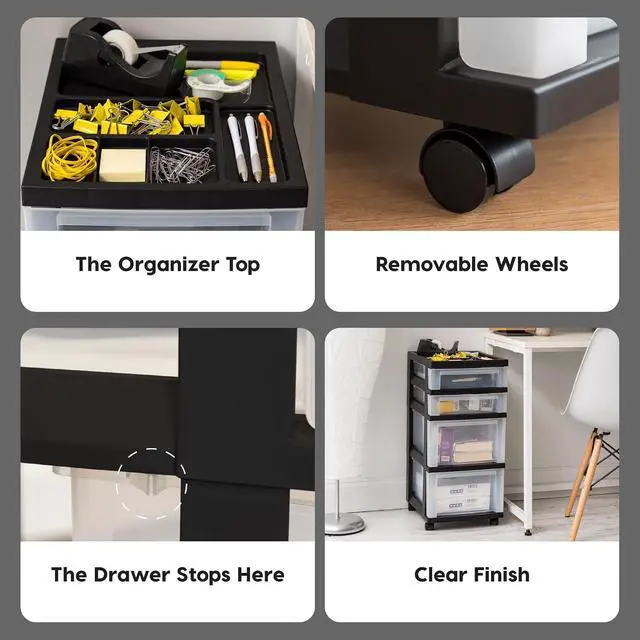Alt view image 5 of 6 - 4-Drawer Rolling Storage Cart, Black/Clear | Keep classroom supplies, teacher essentials, craft materials, and learning tools organized with easy-access drawers
