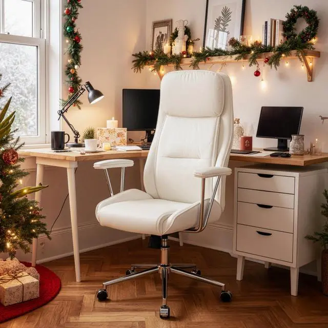 Main image of High Back Office Desk Chair,Ergonomic Reclining Office Chair,Modern Swivel Computer Chair,Conference Room Chairs,Cream White Leather Chair with Lumbar Support,330lbs
