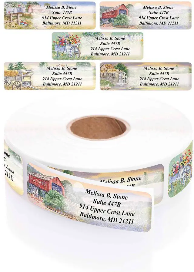 Main image of Rural America Assorted Country Scenes Personalized Return Address Labels with Dispenser - Roll of 250 Custom Labels