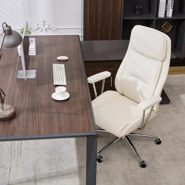 Alt view image 3 of 7 - High Back Office Desk Chair,Ergonomic Reclining Office Chair,Modern Swivel Computer Chair,Conference Room Chairs,Cream White Leather Chair with Lumbar Support,330lbs