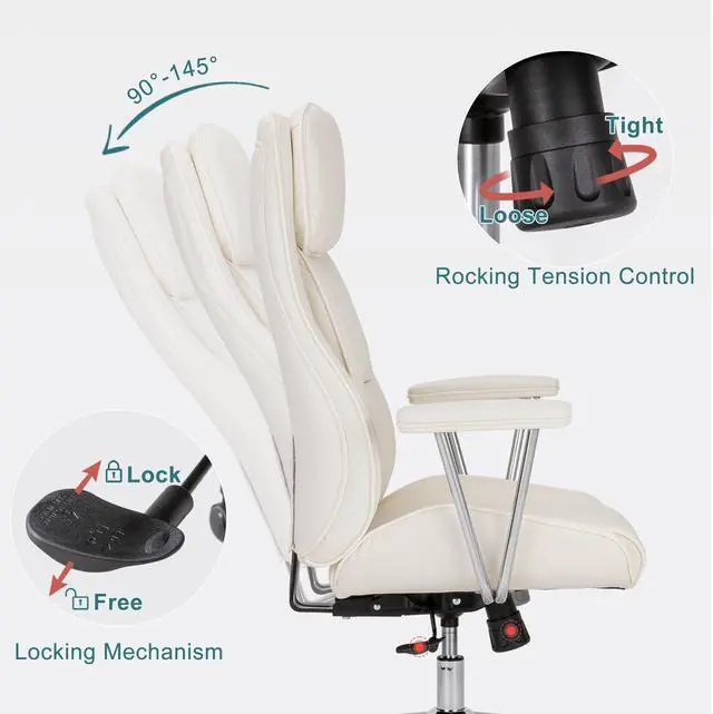 Alt view image 5 of 7 - High Back Office Desk Chair,Ergonomic Reclining Office Chair,Modern Swivel Computer Chair,Conference Room Chairs,Cream White Leather Chair with Lumbar Support,330lbs