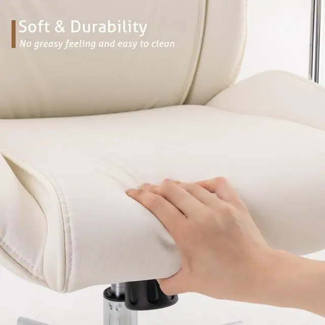 Alt view image 6 of 7 - High Back Office Desk Chair,Ergonomic Reclining Office Chair,Modern Swivel Computer Chair,Conference Room Chairs,Cream White Leather Chair with Lumbar Support,330lbs