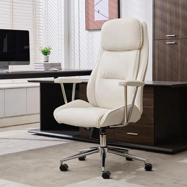 Alt view image 7 of 7 - High Back Office Desk Chair,Ergonomic Reclining Office Chair,Modern Swivel Computer Chair,Conference Room Chairs,Cream White Leather Chair with Lumbar Support,330lbs