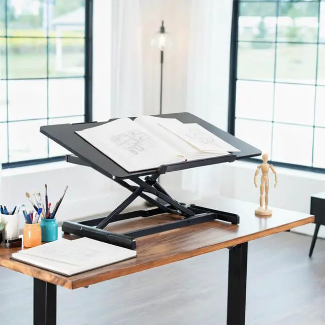 Alt view image 2 of 7 - 36 inch Height Adjustable Tilting Stand Up Desk Converter, Quick Sit to Stand Single Top Keyboard Riser, Laptop Workstation, Drafting Table, Ergonomic Typing, Black, DESK-V036T