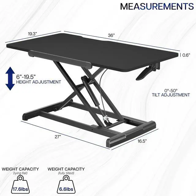 Alt view image 3 of 7 - 36 inch Height Adjustable Tilting Stand Up Desk Converter, Quick Sit to Stand Single Top Keyboard Riser, Laptop Workstation, Drafting Table, Ergonomic Typing, Black, DESK-V036T