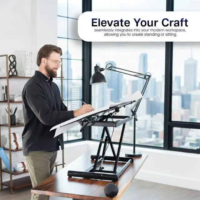 Alt view image 4 of 7 - 36 inch Height Adjustable Tilting Stand Up Desk Converter, Quick Sit to Stand Single Top Keyboard Riser, Laptop Workstation, Drafting Table, Ergonomic Typing, Black, DESK-V036T