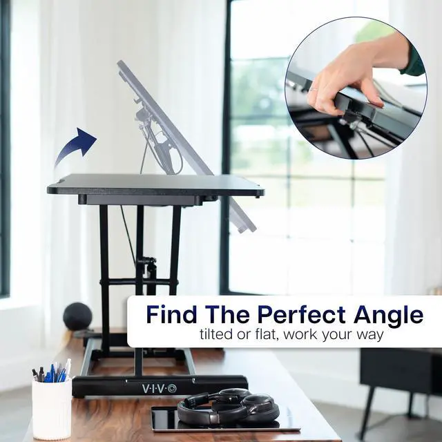 Alt view image 5 of 7 - 36 inch Height Adjustable Tilting Stand Up Desk Converter, Quick Sit to Stand Single Top Keyboard Riser, Laptop Workstation, Drafting Table, Ergonomic Typing, Black, DESK-V036T