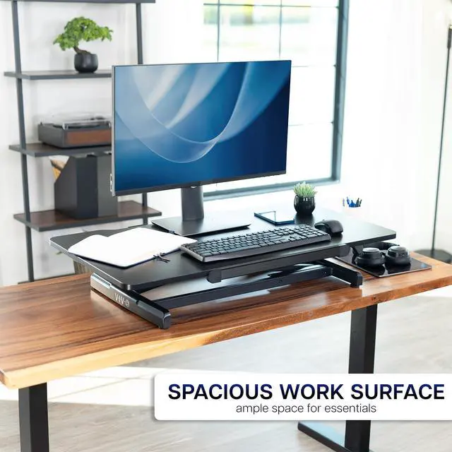 Alt view image 7 of 7 - 36 inch Height Adjustable Tilting Stand Up Desk Converter, Quick Sit to Stand Single Top Keyboard Riser, Laptop Workstation, Drafting Table, Ergonomic Typing, Black, DESK-V036T