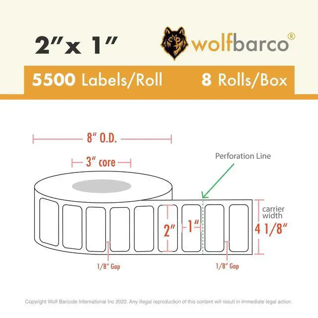 Alt view image 2 of 6 - Direct Thermal Paper Label/IndustrialGrade 2"X1", Perforated, 3" Core, 8" OD, 5500 Labels/Roll (8 Rolls/Box) - White