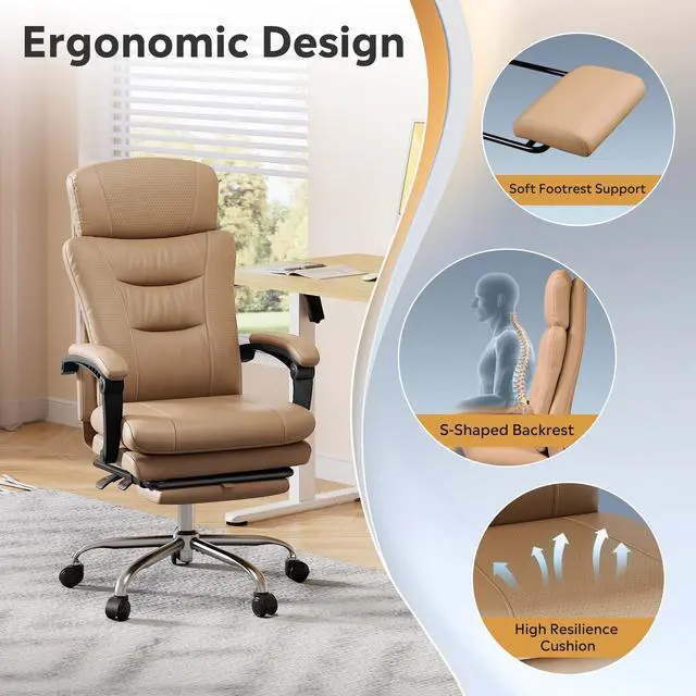Alt view image 4 of 7 - Executive Leather Home Office Chair with Footrest, High Back and Heavy Duty, Comfortable Big and Tall Ergonomic Desk Chair with Lumbar Support, Comfy Reclining, SGS Class 4 Gas Lift, Brown