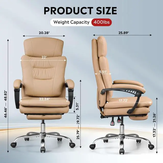 Alt view image 3 of 7 - Executive Leather Home Office Chair with Footrest, High Back and Heavy Duty, Comfortable Big and Tall Ergonomic Desk Chair with Lumbar Support, Comfy Reclining, SGS Class 4 Gas Lift, Brown