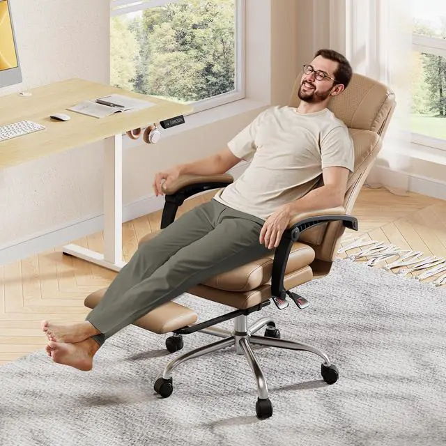 Alt view image 2 of 7 - Executive Leather Home Office Chair with Footrest, High Back and Heavy Duty, Comfortable Big and Tall Ergonomic Desk Chair with Lumbar Support, Comfy Reclining, SGS Class 4 Gas Lift, Brown