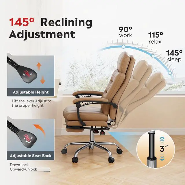 Alt view image 5 of 7 - Executive Leather Home Office Chair with Footrest, High Back and Heavy Duty, Comfortable Big and Tall Ergonomic Desk Chair with Lumbar Support, Comfy Reclining, SGS Class 4 Gas Lift, Brown