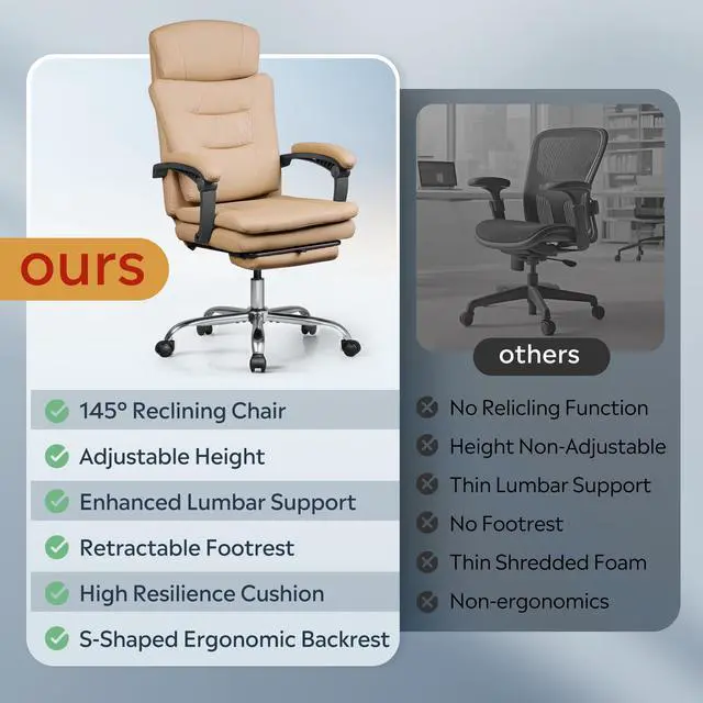Alt view image 7 of 7 - Executive Leather Home Office Chair with Footrest, High Back and Heavy Duty, Comfortable Big and Tall Ergonomic Desk Chair with Lumbar Support, Comfy Reclining, SGS Class 4 Gas Lift, Brown