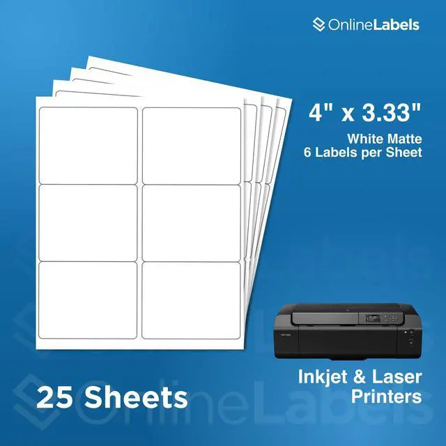 Alt view image 2 of 7 - OnlineLabels 4" x 3.33" Labels - White Matte - Inkjet/Laser - 25 Sheets | Permanent Adhesive, Blank Rectangle Labels, Inkjet and Laser Compatible, Ideal for Shipping, Wine Bottles, & Pallets