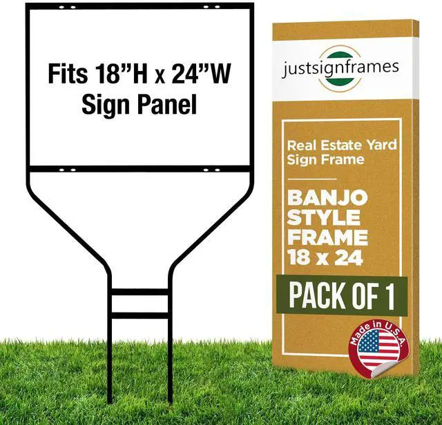 Main image of Real Estate Steel Banjo-Style Rod Sign Frame, 18 x 24 in, Black, 1 Pack | Powder-Coated, Ground Mount, Rust-Resistant, Fits Aluminum & Corrugated Panels, Weighs 9 lbs, 45-in Height, Pointed Legs