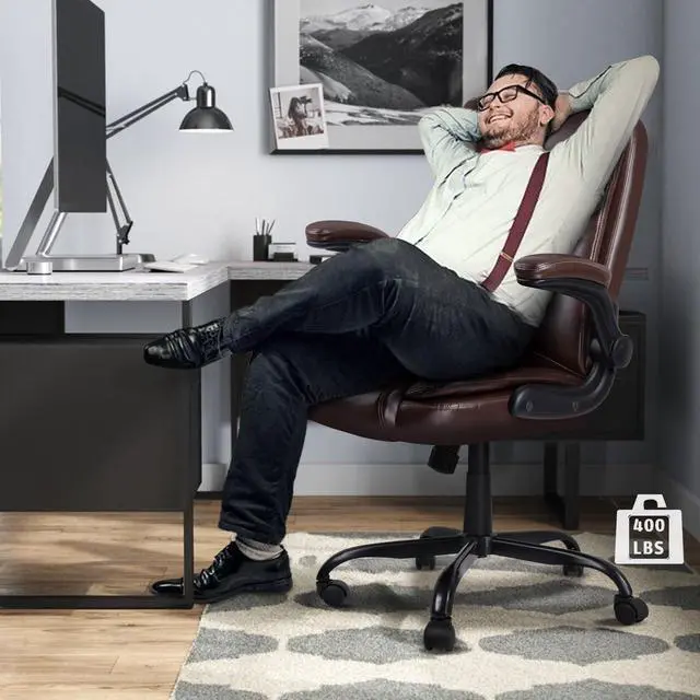 Alt view image 2 of 7 - Flip-up Arms Office Desk Chair Big and Tall Managerial Executive Chair, High Back Computer Chair Ergonomic Adjustable Height PU Leather Chairs with Armrest for Long Time Sitting