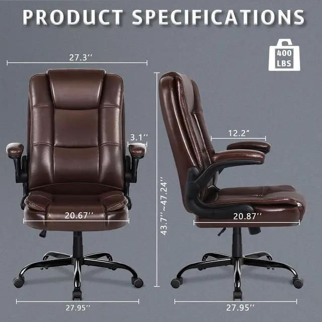 Alt view image 3 of 7 - Flip-up Arms Office Desk Chair Big and Tall Managerial Executive Chair, High Back Computer Chair Ergonomic Adjustable Height PU Leather Chairs with Armrest for Long Time Sitting