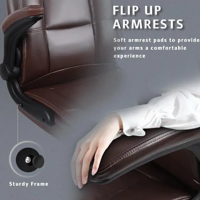 Alt view image 4 of 7 - Flip-up Arms Office Desk Chair Big and Tall Managerial Executive Chair, High Back Computer Chair Ergonomic Adjustable Height PU Leather Chairs with Armrest for Long Time Sitting