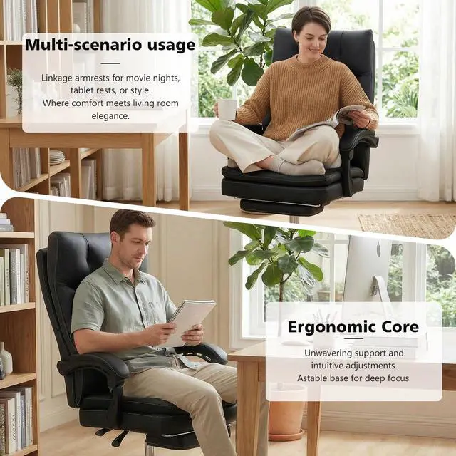 Alt view image 7 of 7 - 500LBS Big and Tall Comfy Office Chair with Foot Rest,Reclining Desk Chair | Heavy Duty Computer Chair with Wide Spring Cushion for Cross Legged,Class 4 Gas Lift,Metal Base