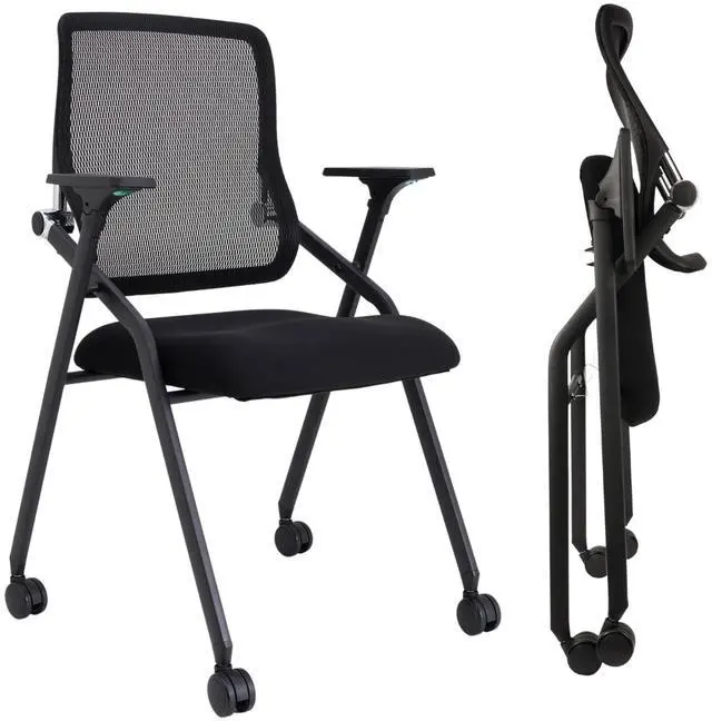 Main image of Updated Conference Room Chairs, Folding Office Desk Chair with Lumbar Support and Sliding Armrest with Casters, Stackable Office Guest Chairs & Reception Chairs, 2 Pack Black