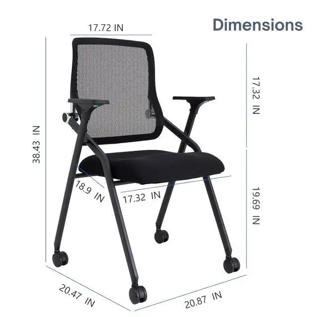 Alt view image 2 of 5 - Updated Conference Room Chairs, Folding Office Desk Chair with Lumbar Support and Sliding Armrest with Casters, Stackable Office Guest Chairs & Reception Chairs, 2 Pack Black