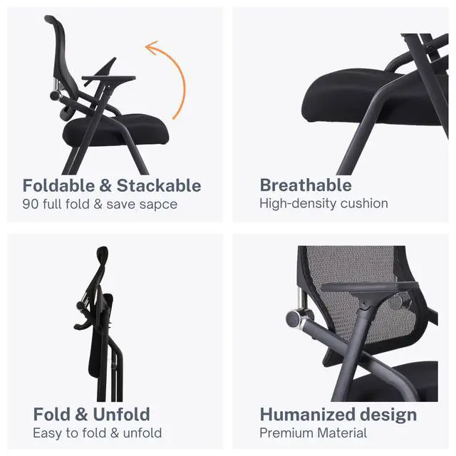 Alt view image 3 of 5 - Updated Conference Room Chairs, Folding Office Desk Chair with Lumbar Support and Sliding Armrest with Casters, Stackable Office Guest Chairs & Reception Chairs, 2 Pack Black