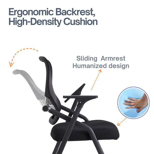 Alt view image 4 of 5 - Updated Conference Room Chairs, Folding Office Desk Chair with Lumbar Support and Sliding Armrest with Casters, Stackable Office Guest Chairs & Reception Chairs, 2 Pack Black