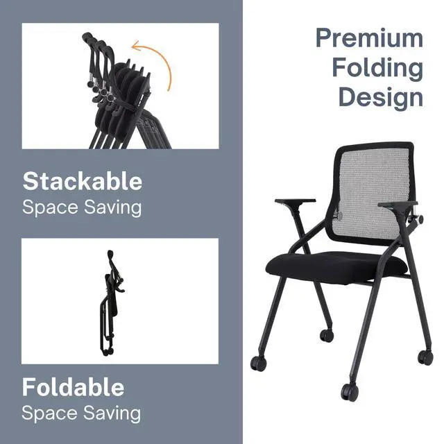 Alt view image 5 of 5 - Updated Conference Room Chairs, Folding Office Desk Chair with Lumbar Support and Sliding Armrest with Casters, Stackable Office Guest Chairs & Reception Chairs, 2 Pack Black