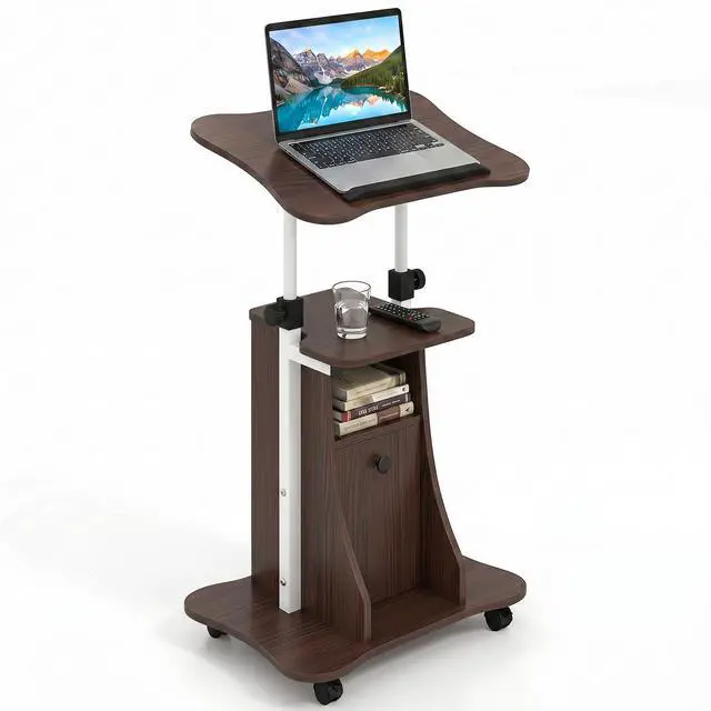 Main image of Rolling Lectern Podium Stand, Height Adjustable Laptop Table with Tilting Tabletop & Storage Shelves, Compact Standing Desk with Lockable Casters for Home Office School (Brown)