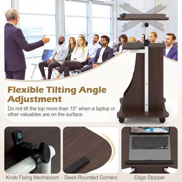 Alt view image 3 of 7 - Rolling Lectern Podium Stand, Height Adjustable Laptop Table with Tilting Tabletop & Storage Shelves, Compact Standing Desk with Lockable Casters for Home Office School (Brown)