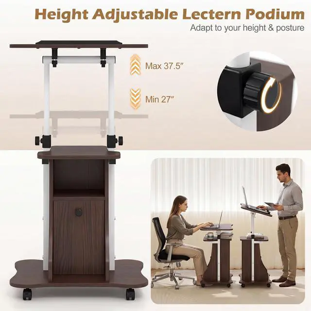 Alt view image 2 of 7 - Rolling Lectern Podium Stand, Height Adjustable Laptop Table with Tilting Tabletop & Storage Shelves, Compact Standing Desk with Lockable Casters for Home Office School (Brown)