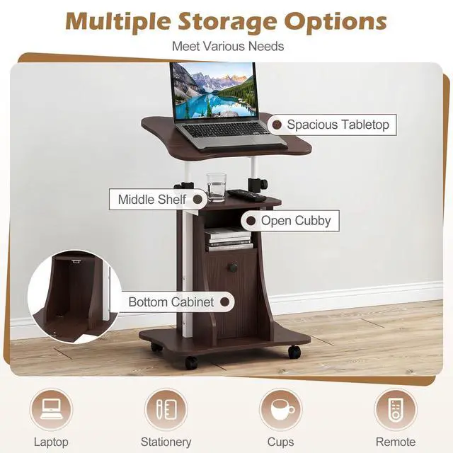 Alt view image 4 of 7 - Rolling Lectern Podium Stand, Height Adjustable Laptop Table with Tilting Tabletop & Storage Shelves, Compact Standing Desk with Lockable Casters for Home Office School (Brown)