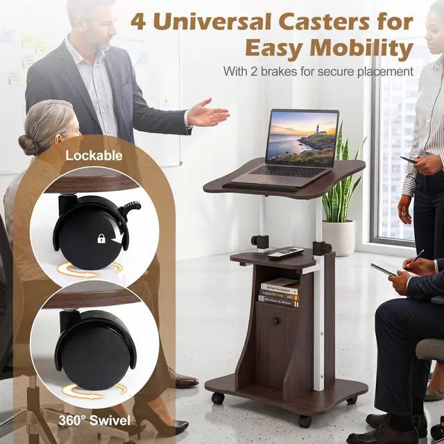 Alt view image 5 of 7 - Rolling Lectern Podium Stand, Height Adjustable Laptop Table with Tilting Tabletop & Storage Shelves, Compact Standing Desk with Lockable Casters for Home Office School (Brown)