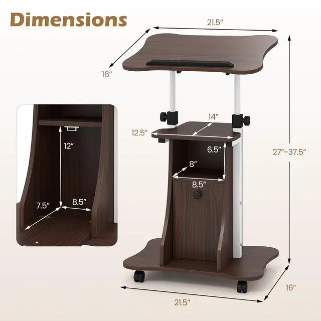 Alt view image 6 of 7 - Rolling Lectern Podium Stand, Height Adjustable Laptop Table with Tilting Tabletop & Storage Shelves, Compact Standing Desk with Lockable Casters for Home Office School (Brown)