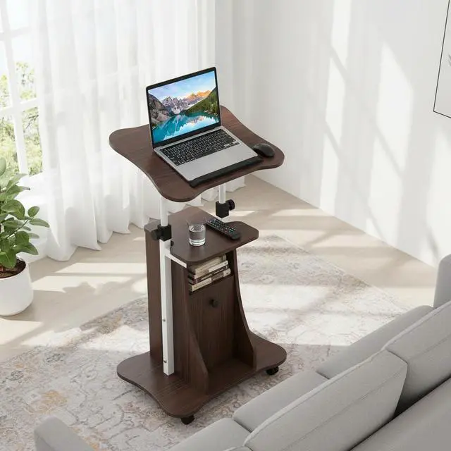 Alt view image 7 of 7 - Rolling Lectern Podium Stand, Height Adjustable Laptop Table with Tilting Tabletop & Storage Shelves, Compact Standing Desk with Lockable Casters for Home Office School (Brown)