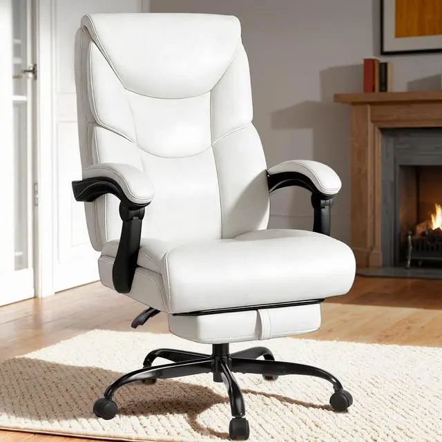 Alt view image 2 of 7 - 400lbs Office Chair with Foot Rest, Reclining Big and Tall Office Chair with Lumbar Support, High Back PU Leather Computer Chair,Comfy Desk Chair for Home Office (Casual) (White)