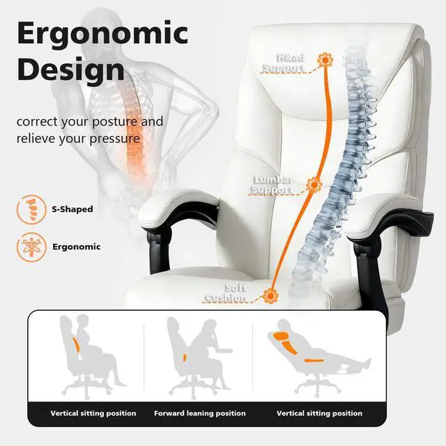 Alt view image 4 of 7 - 400lbs Office Chair with Foot Rest, Reclining Big and Tall Office Chair with Lumbar Support, High Back PU Leather Computer Chair,Comfy Desk Chair for Home Office (Casual) (White)