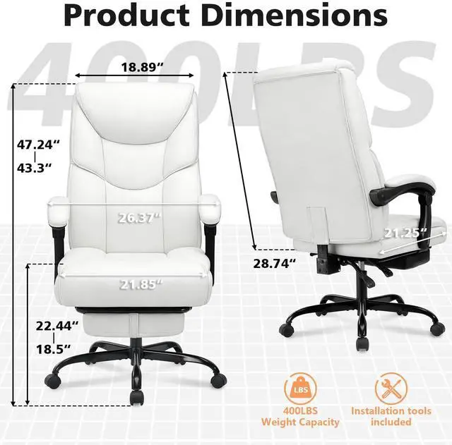 Alt view image 3 of 7 - 400lbs Office Chair with Foot Rest, Reclining Big and Tall Office Chair with Lumbar Support, High Back PU Leather Computer Chair,Comfy Desk Chair for Home Office (Casual) (White)