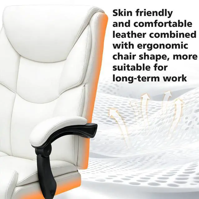 Alt view image 5 of 7 - 400lbs Office Chair with Foot Rest, Reclining Big and Tall Office Chair with Lumbar Support, High Back PU Leather Computer Chair,Comfy Desk Chair for Home Office (Casual) (White)