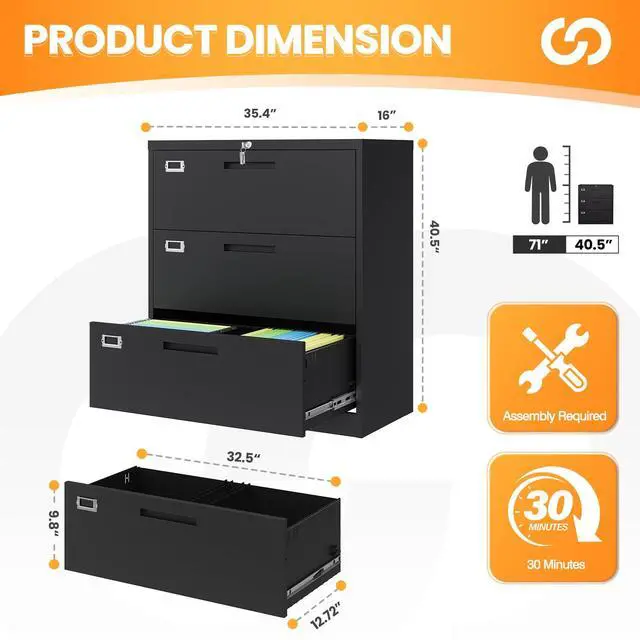 Alt view image 3 of 6 - 3 Drawer File Cabinets for Home Office, Office Storage Caninets Steel Cabnet for Letter/Legal/A4/F4-Assembly Required