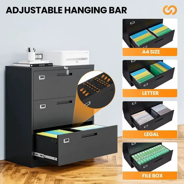 Alt view image 5 of 6 - 3 Drawer File Cabinets for Home Office, Office Storage Caninets Steel Cabnet for Letter/Legal/A4/F4-Assembly Required
